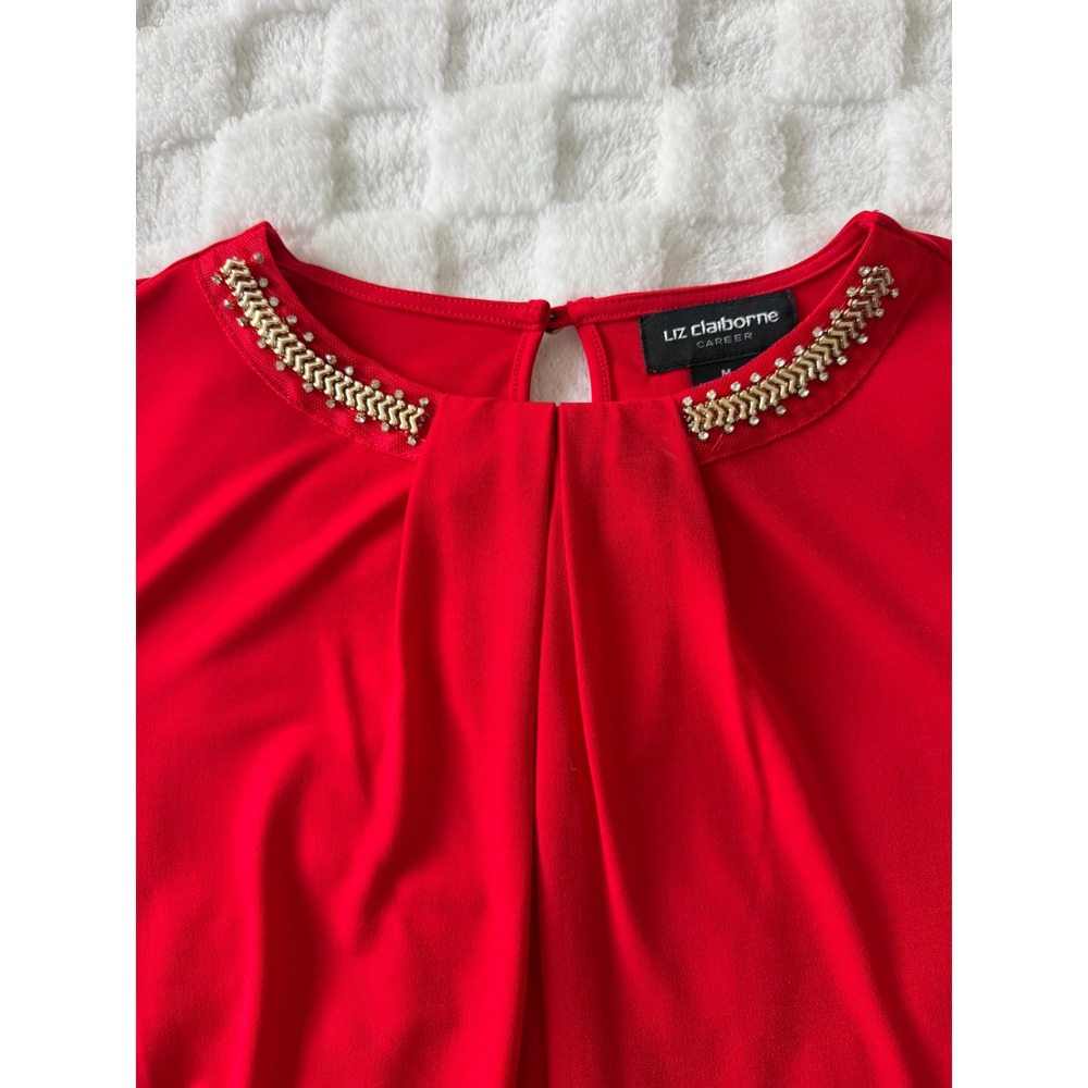 Liz Claiborne Career Red Embellished Neckline Blouse Long Sleeve Pleated Sz M